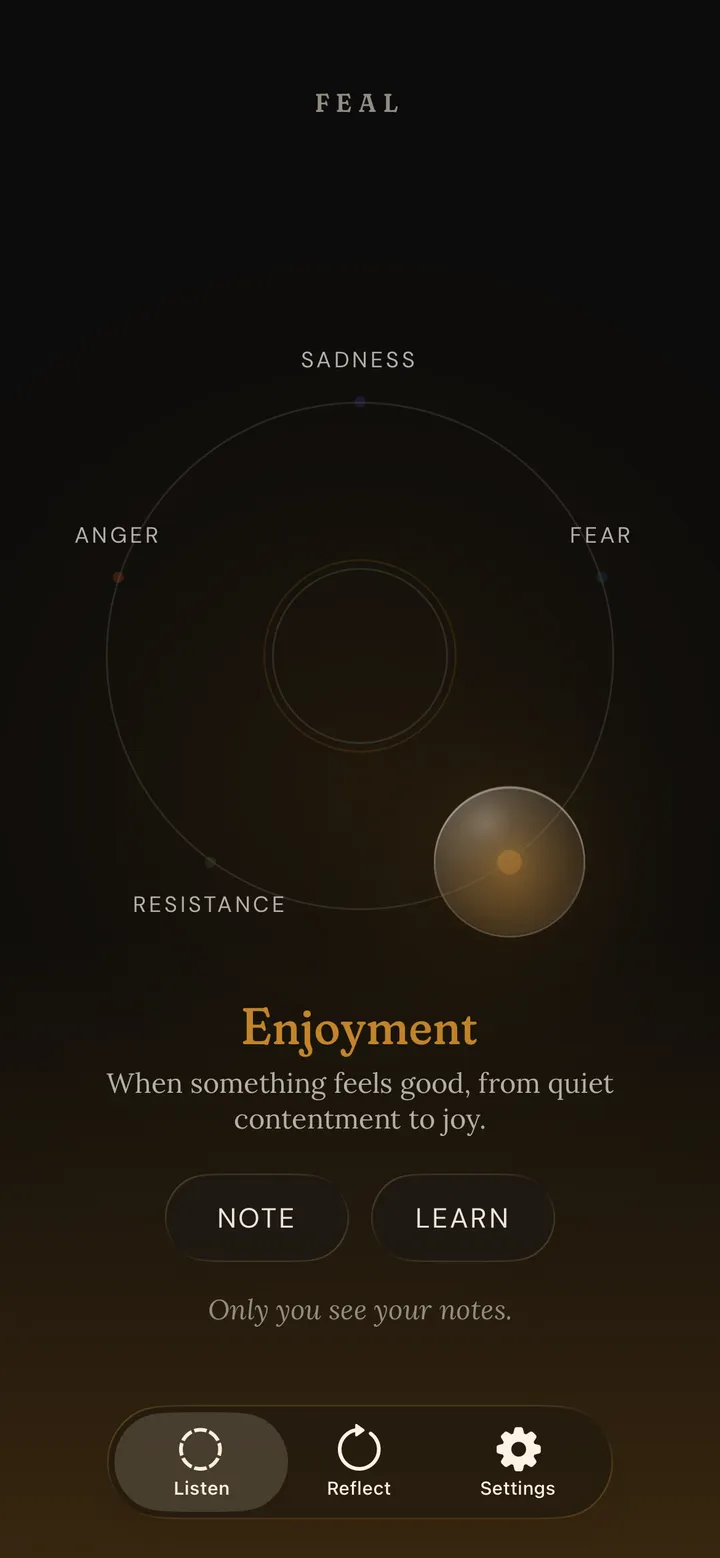Feal's compass with Enjoyment chosen: the orb settled toward one of the five emotions, with the option to add a note or learn more.