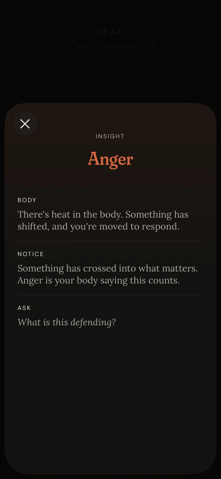 Feal's insight card for Anger: Body, Notice, and Ask, spoken directly in the second person.