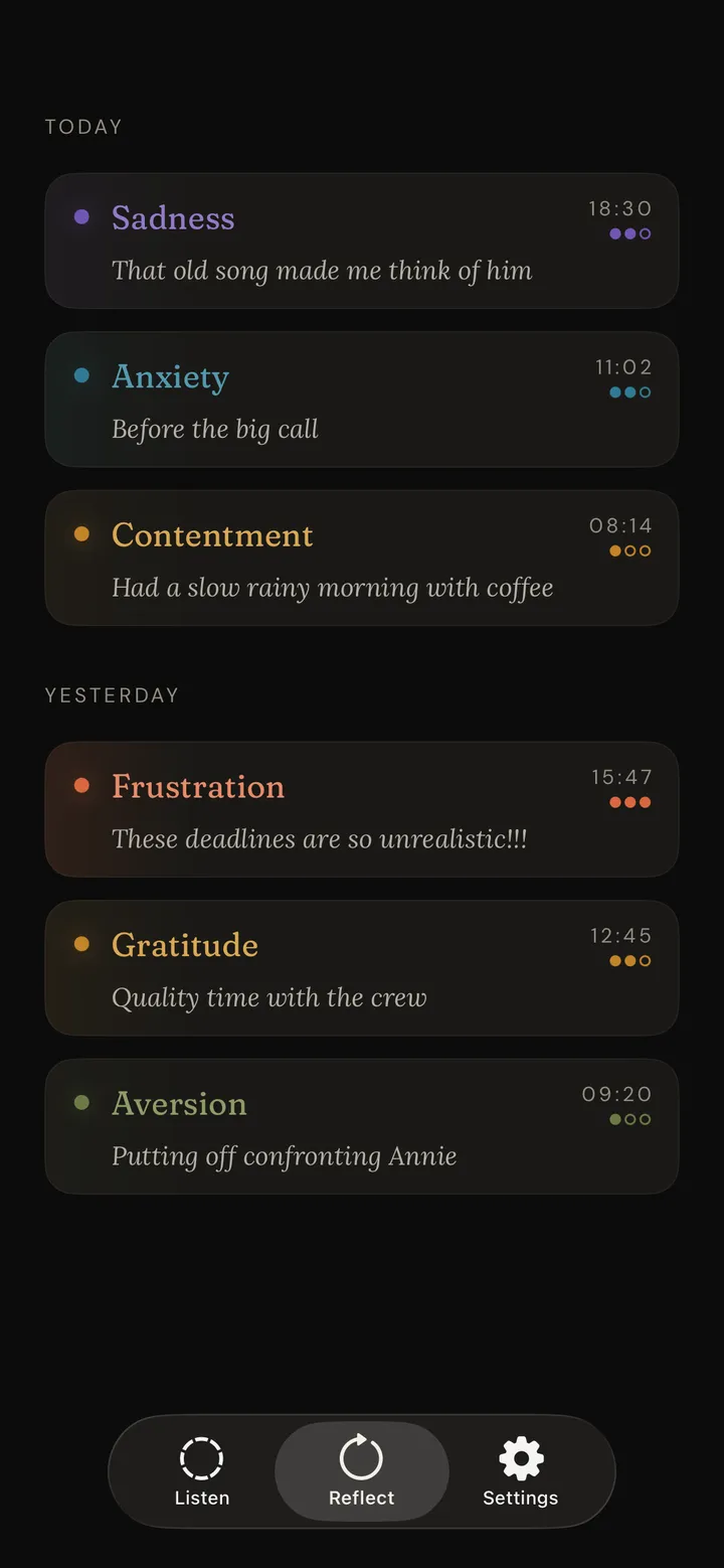 Feal's Reflect timeline: entries grouped by Today and Yesterday, each showing an emotion, a short note, its intensity, and the time.